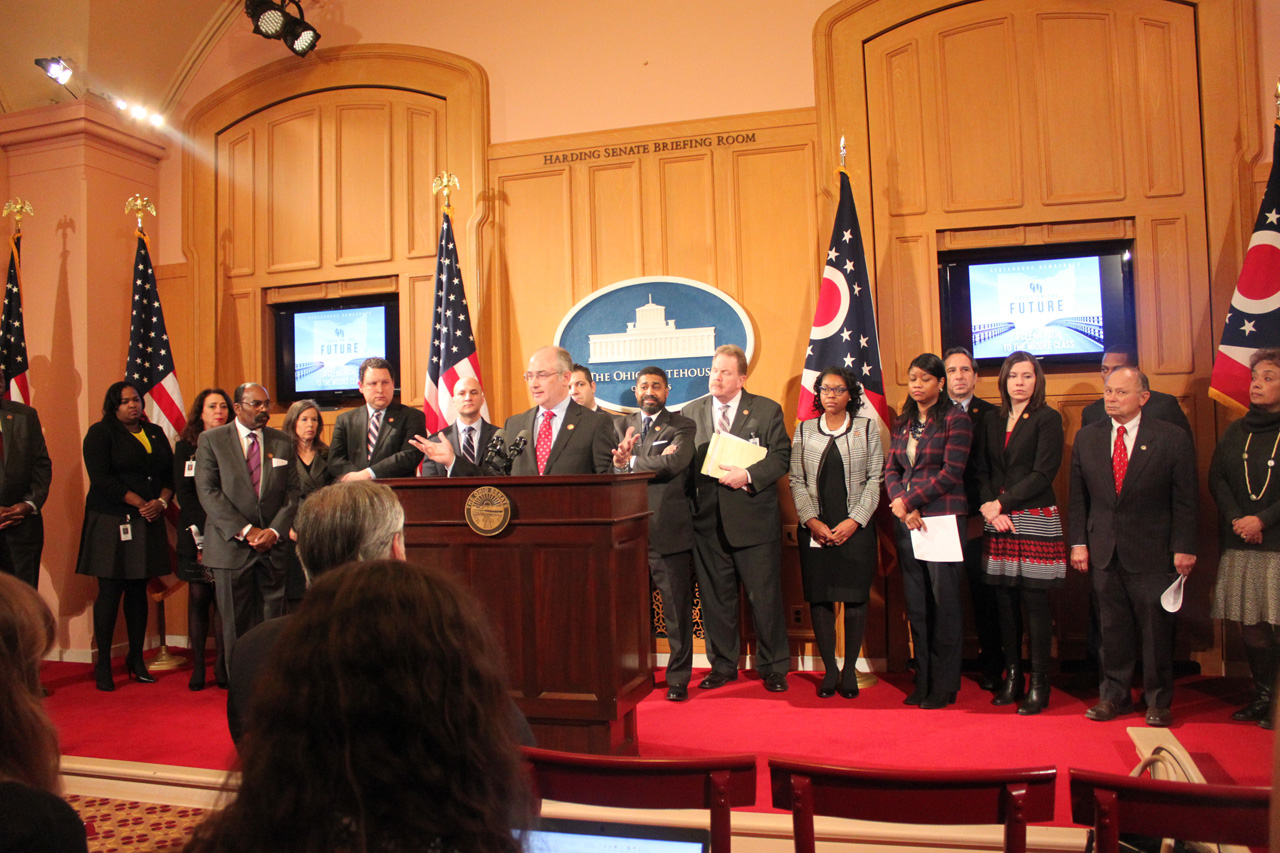 Rep. Smith speaking during news conference announcing Democratic lawmaker's 2016 economic agenda to focus on the future
