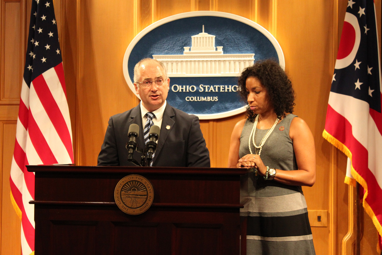 Rep. Smith with Rep. Boyd announcing a proposal to establish an equal pay hotline as a new resource to fight pay discrimination in Ohio