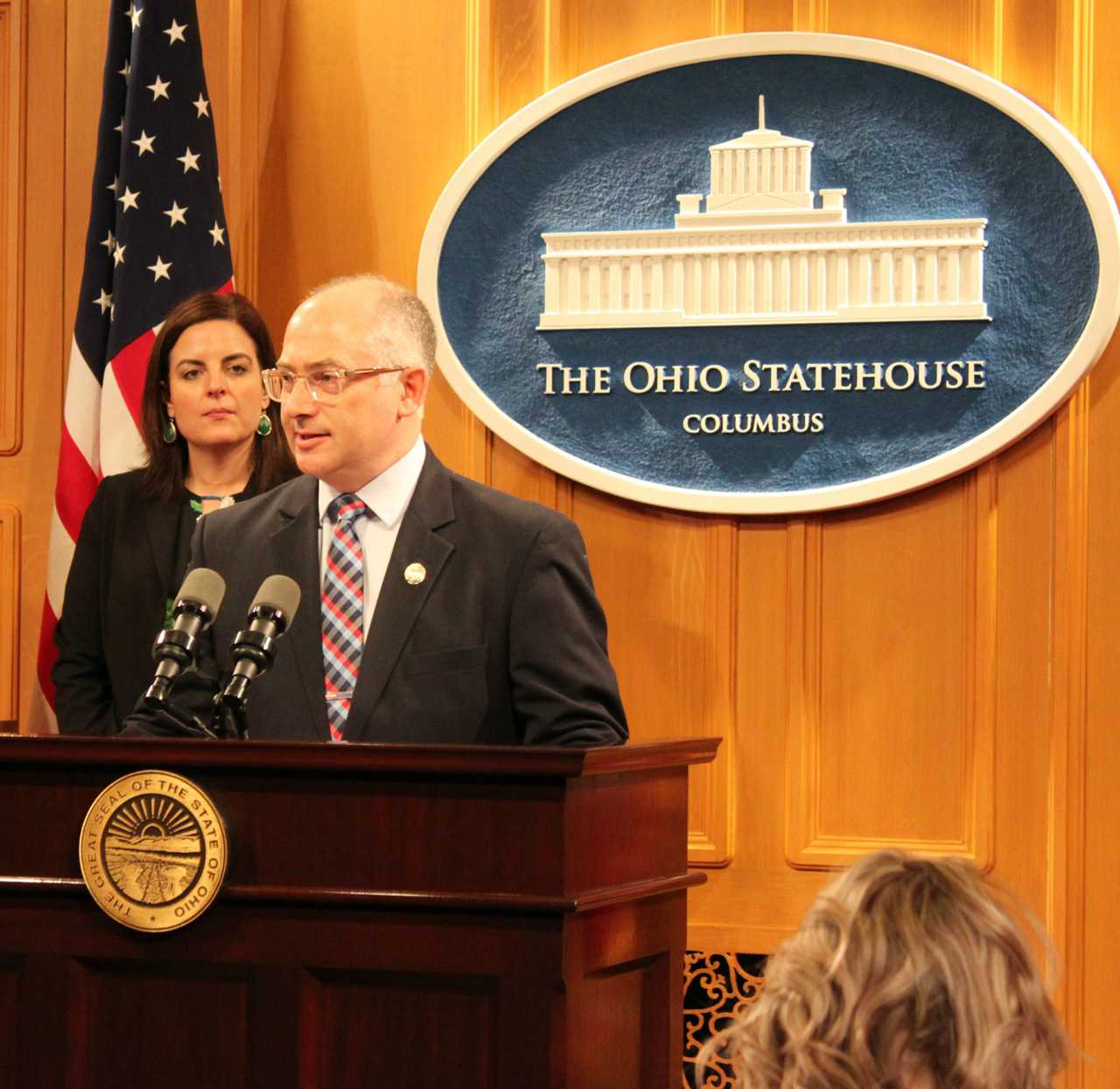 Rep. Smith speaking at a press conference with Rep. Kelly, the Center for American Progress and Policy Matters Ohio to discuss new employee overtime wage protection legislation for all Ohioans