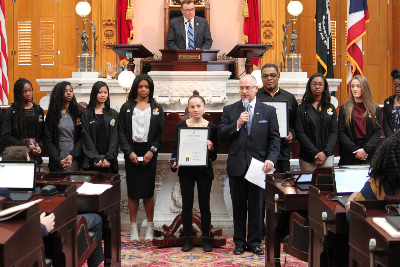 Rep. Smith after presenting a House Resolution to the Beachwood Girls' Track and Field Team