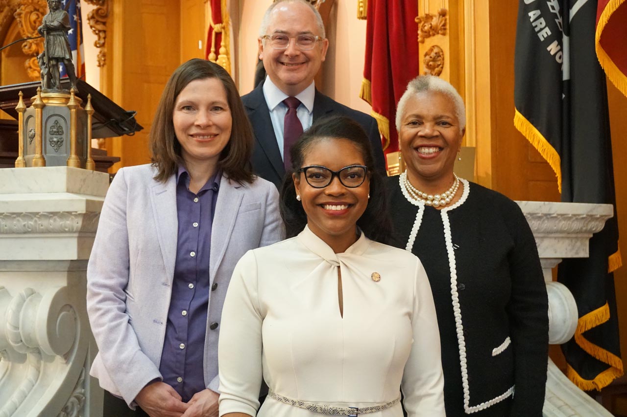 Minority Leader Emilia Strong Sykes pictured alongside the rest of the House Democratic Leadership Team for the 133rd General Assembly (from left to right: Assistant Minority Leader Kristin Boggs, Minority Whip Kent Smith, Minority Leader Emilia Strong Sykes, and Assistant Minority Whip Paula Hicks-Hudson)