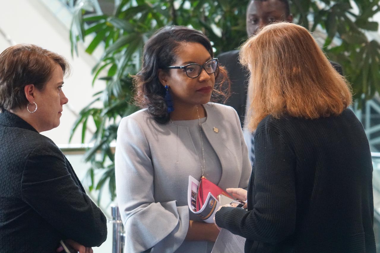 Leader Sykes speaks with an attendee at 2019 Women's Lobby Day