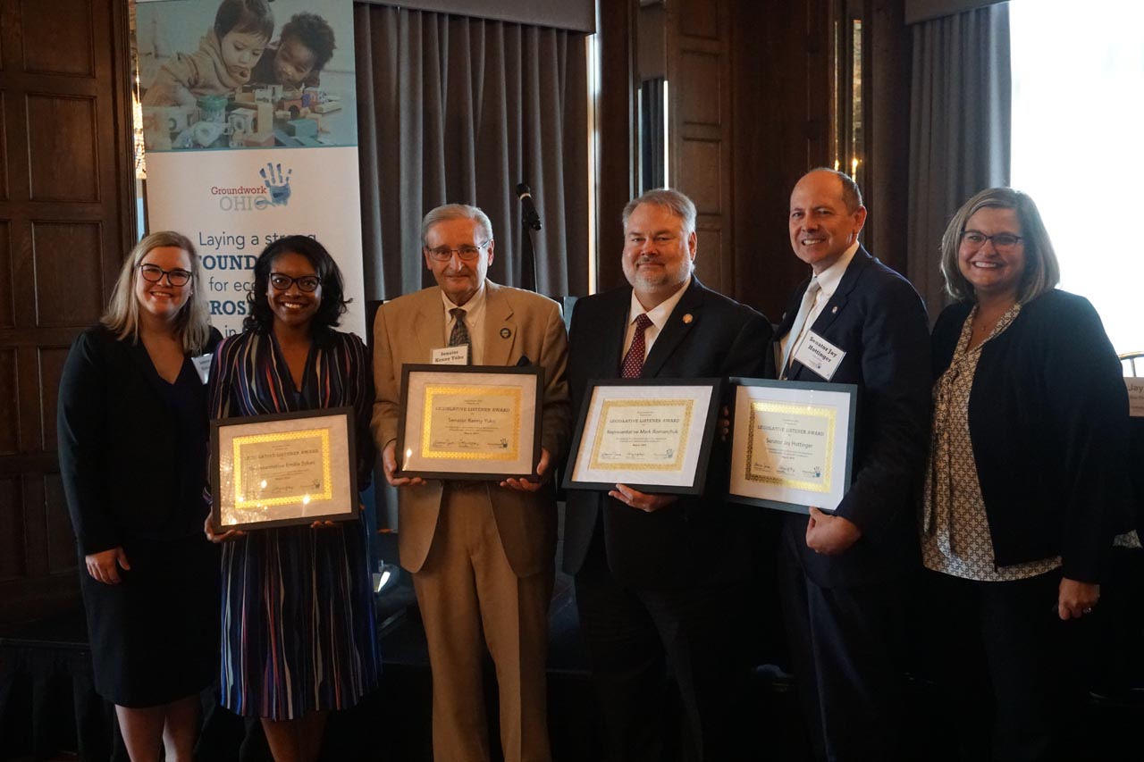 Leader Sykes accepts an award honoring her work on children's issues from Groundwork Ohio alongside Senate Democratic Leader Kenny Yuko (D-Richmond Heights), Rep. Mark Romanchuk (R-Ontario) and Sen. Jay Hottinger (R-Newark)
