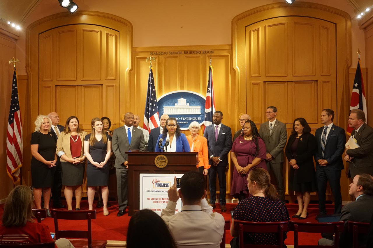 leader Sykes speaks during a press conference outlining Democratic bills to prioritize the safety and security of Ohio families