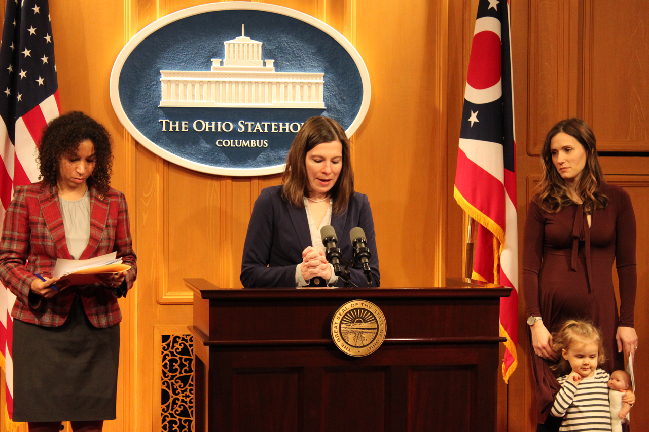 Rep. Boggs announcing her legislation with Rep. Boyd to establish a program to create paid family leave for Ohioans