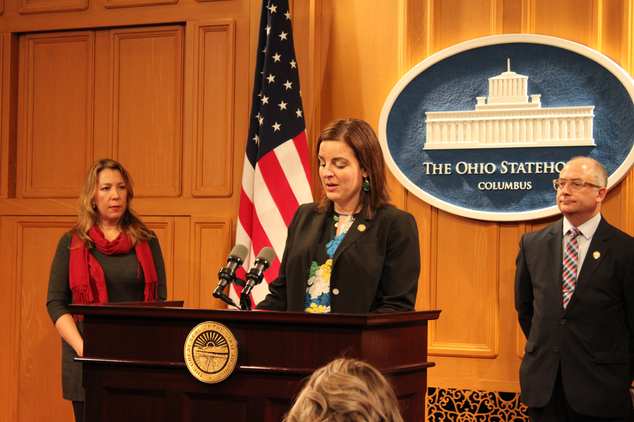 Rep. Kelly speaking at a press conference with Rep. Smith, the Center for American Progress and Policy Matters Ohio to discuss new employee overtime wage protection legislation for all Ohioans