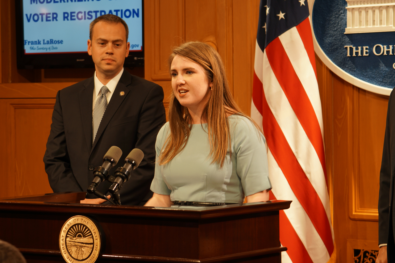 Rep. Sweeney speaks at a press conference about modernizing Ohio's outdated voting system by implementing automated voter registration alongside Sen. Nathan Manning (R-North Ridgeville)