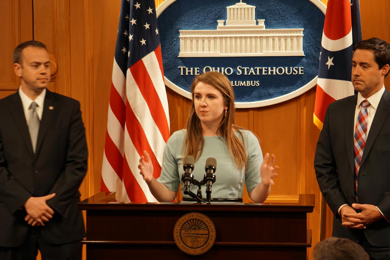 Rep. Sweeney speaks at a press conference about modernizing Ohio's outdated voting system by implementing automated voter registration alongside Sen. Nathan Manning (R-North Ridgeville) and Ohio Secretary of State Frank LaRose