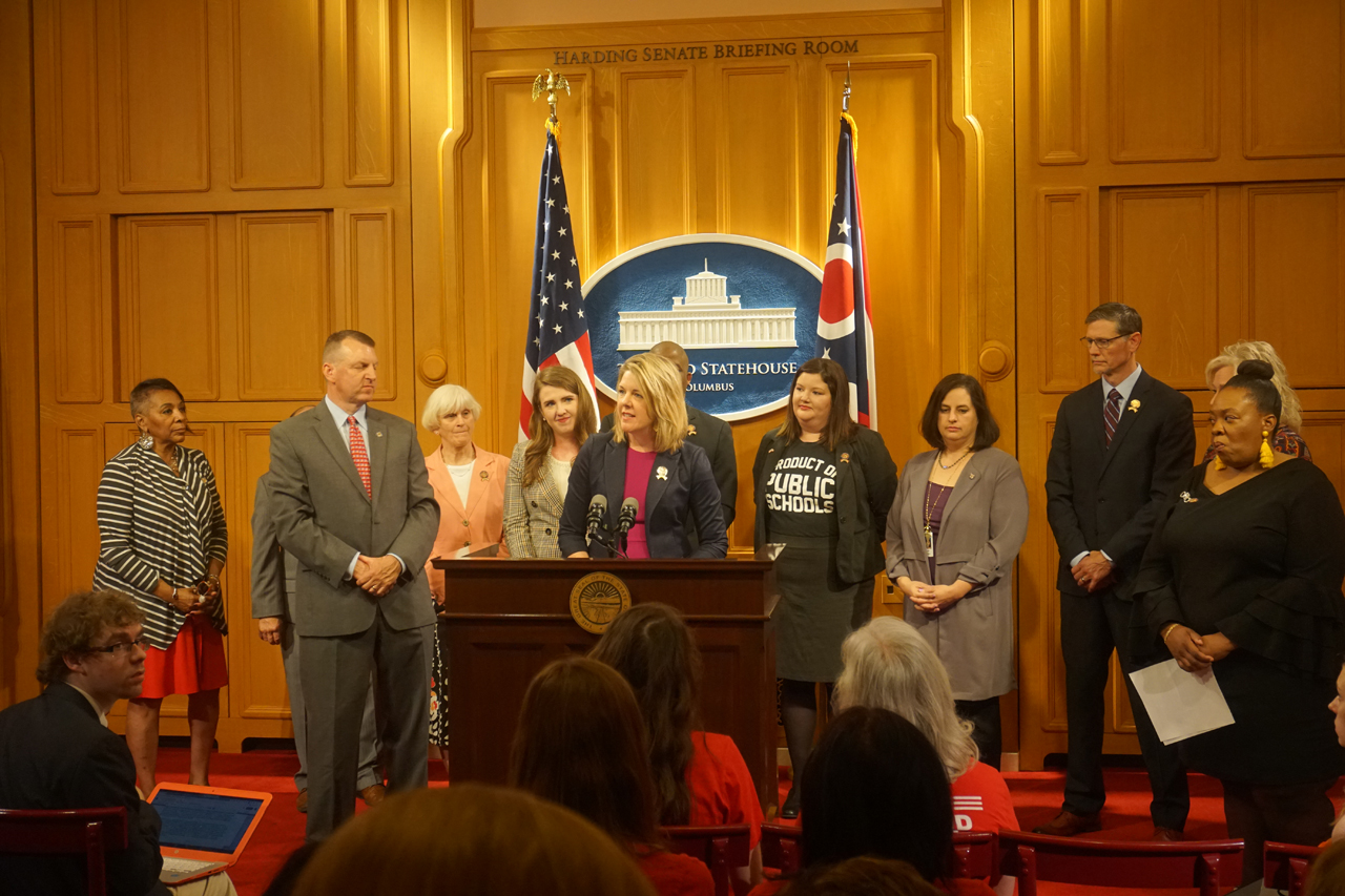 Rep. Russo speaks at a press conference to unveil commonsense gun safety legislation