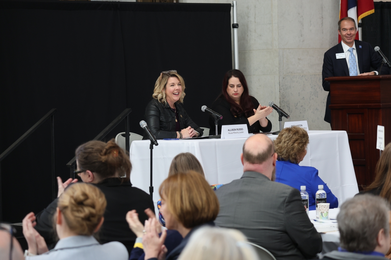 Leader Russo speaking at the Ohio Library Advocacy Day with Sen. Beth Liston (D-Dublin)