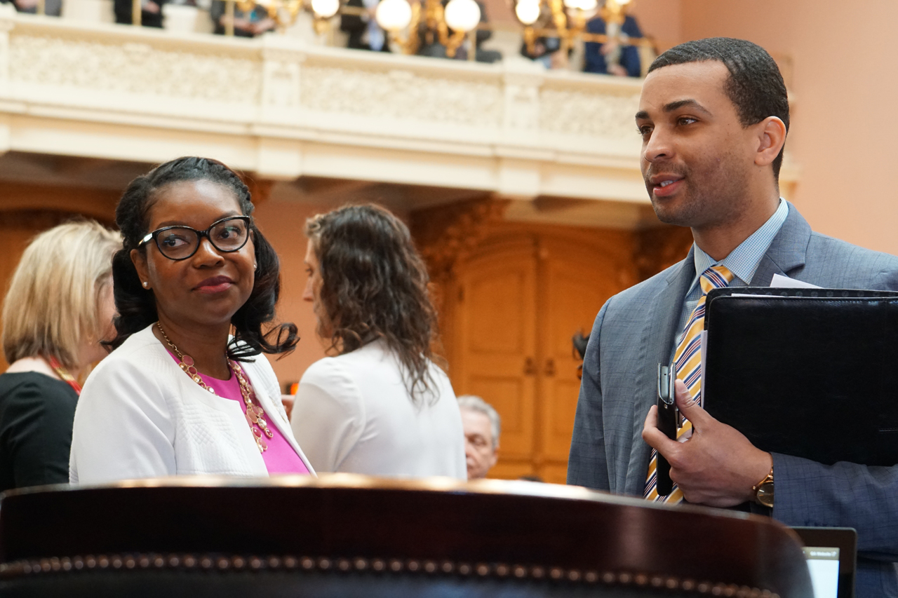 Rep. Denson with House Democratic Leader Emilia Strong Sykes (D-Akron) before House Session