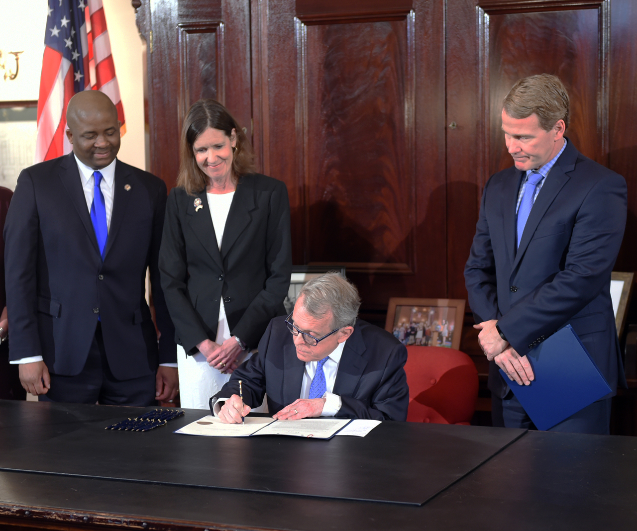 Rep. Richardson stands alongside Governor DeWine, Lt. Governor Husted and Rep. Robinson as House Bill 4 is signed into law. The bill, sponsored by Rep. Richardson, develops industry-recognized credential and certificate programs in Ohio.