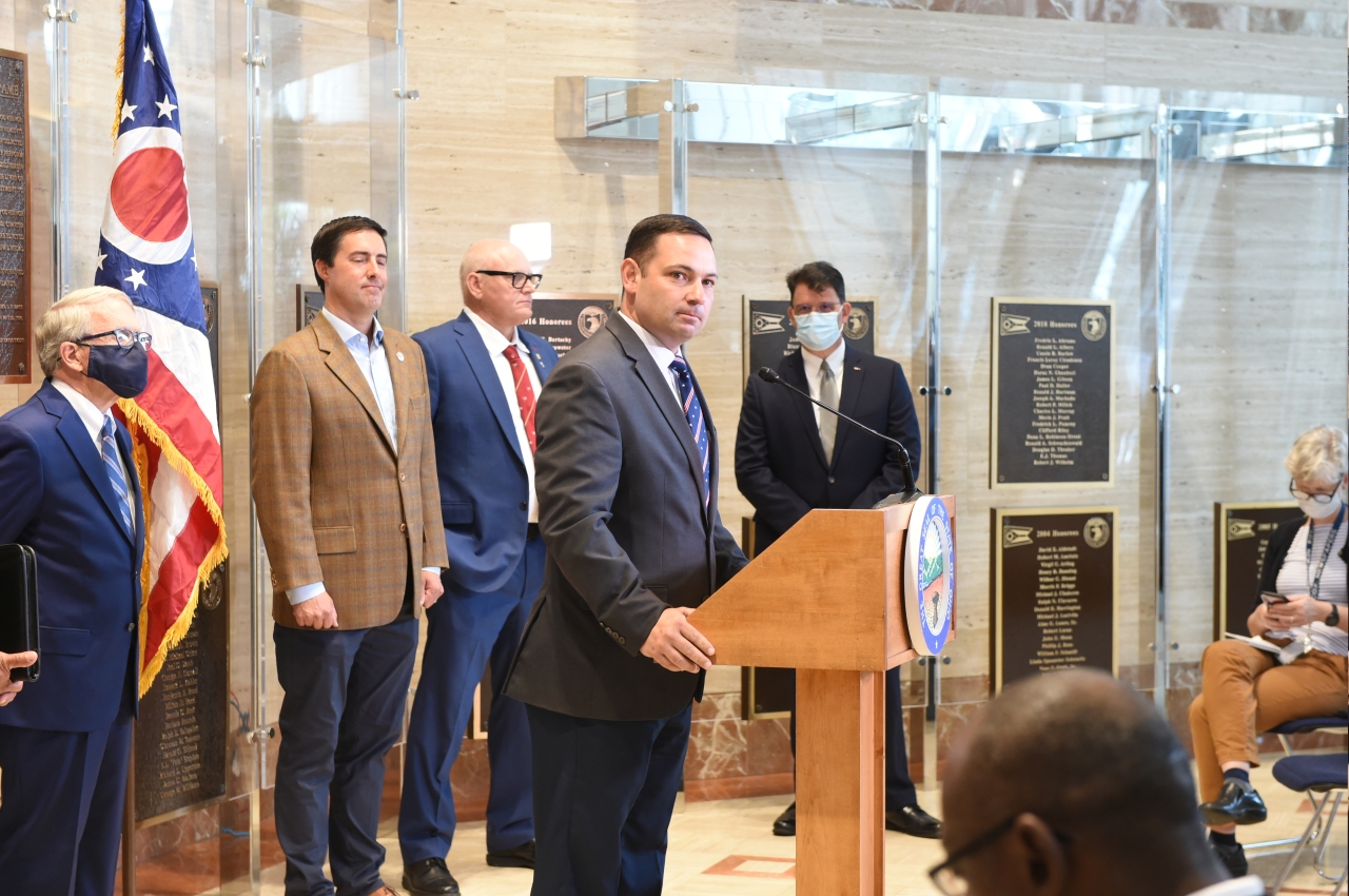 Rep. Ghanbari speaks at a press conference announcing resources for veterans in Ohio.