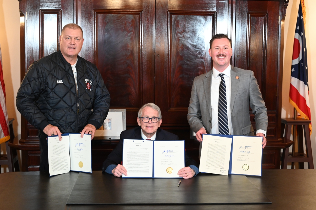 Ohio Governor DeWine signs three bills sponsored by Hall during the 135th General Assembly.