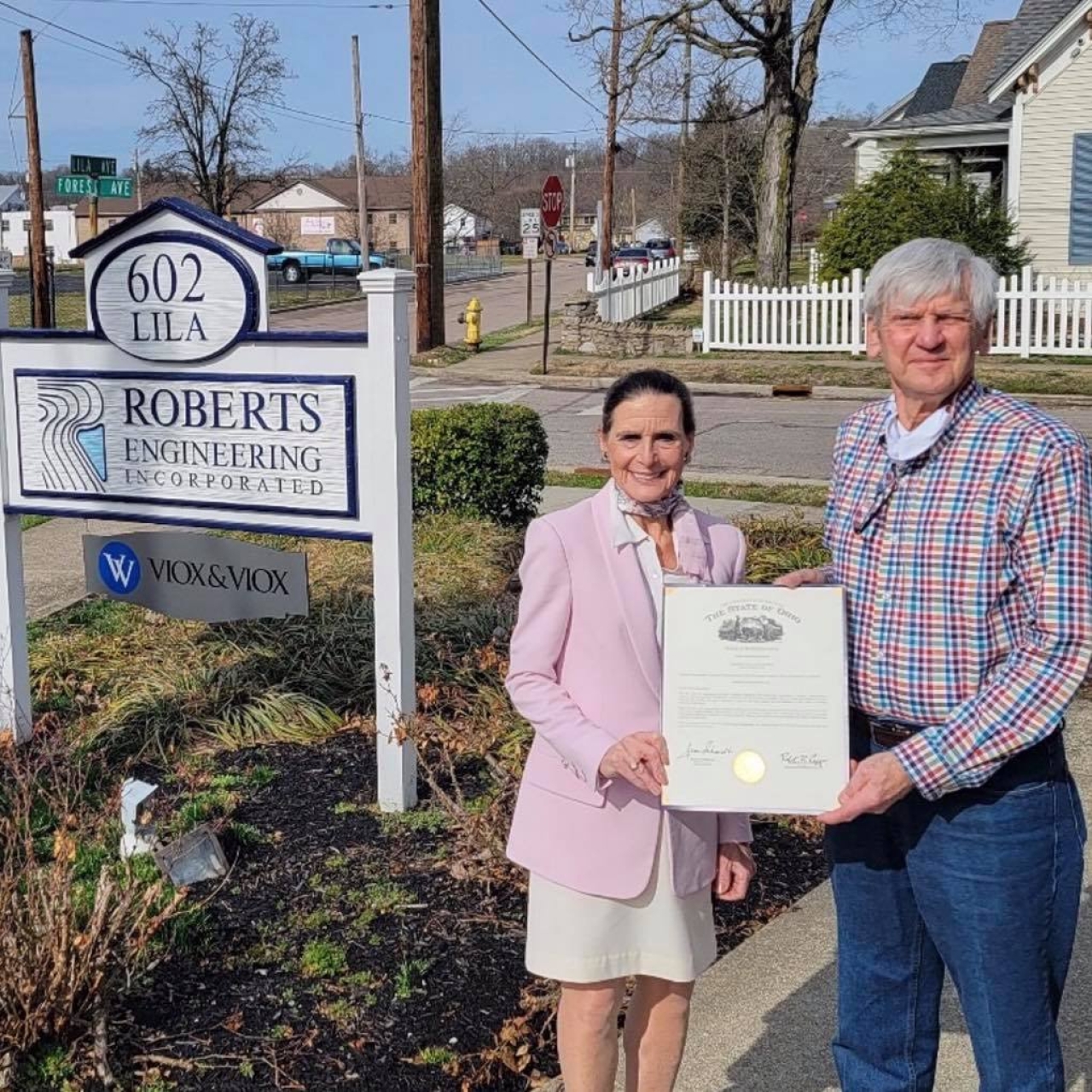 Rep. Schmidt presents a commendation to Roberts Engineering in Milford on the occasion of their 30th year in business.