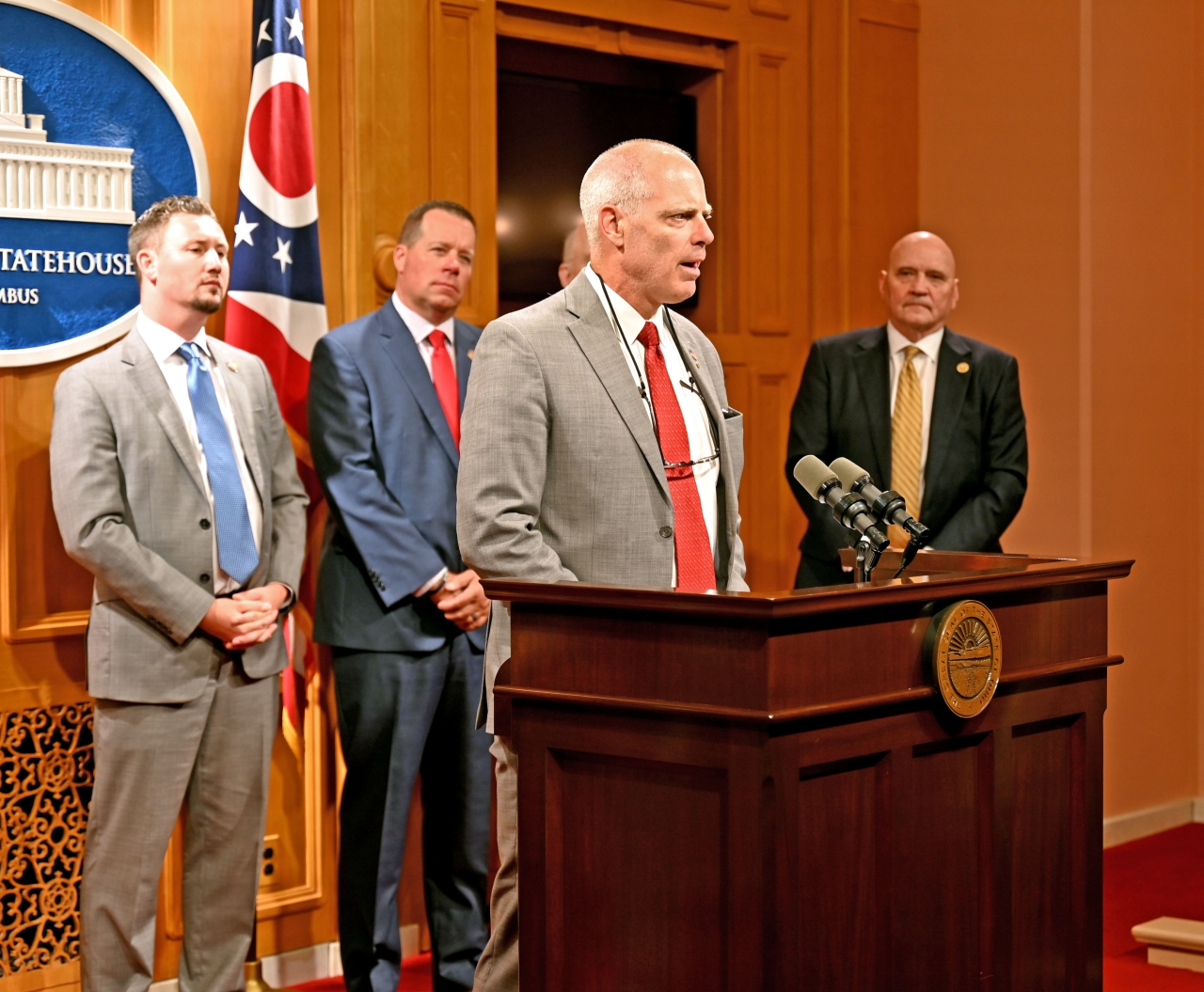 Rep. Bird explains the Ohio Homeowners Relief Act during a press conference.