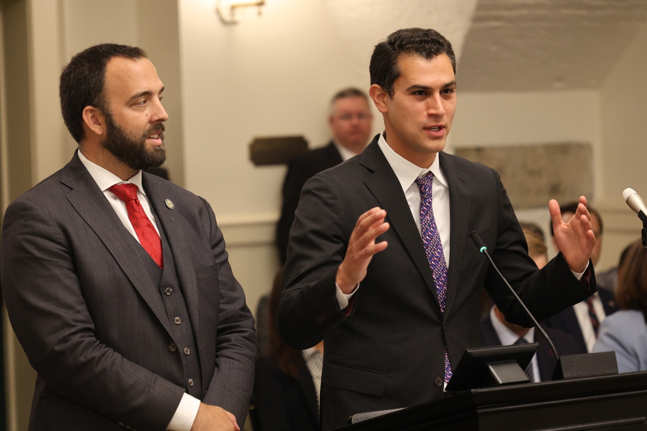 Leader Isaacsohn and Rep. Adam Mathews give testimony in committee