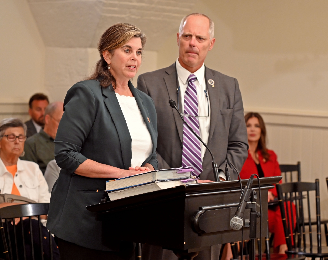 Representatives Beth Lear and Adam Bird testify before the House Higher Education Committee in support of the Protect All Students Act.