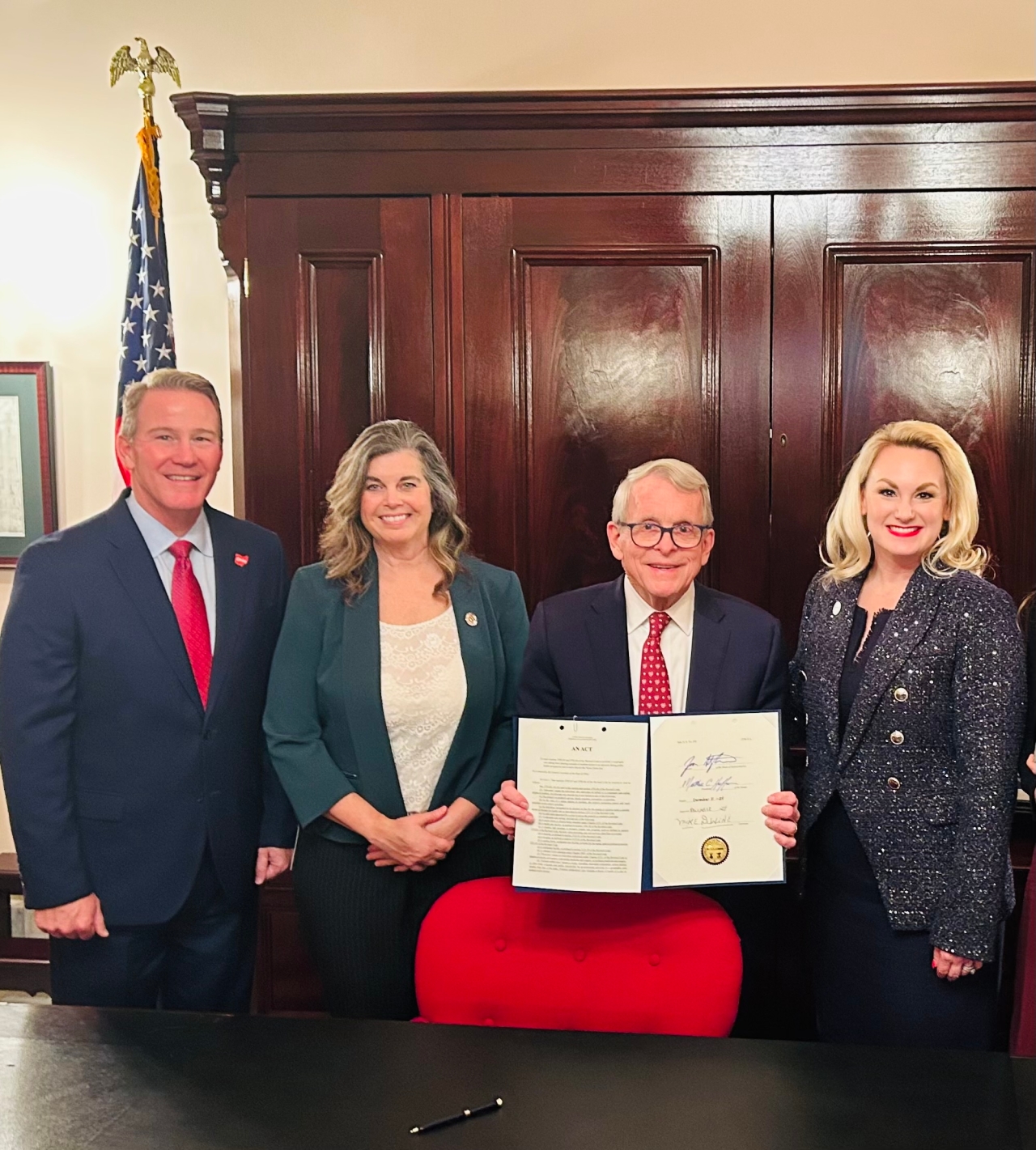 Never Alone Act Bill Signing with bill sponsors Reps. Miller and Lear, Governor DeWine, and Lt. Governor Husted