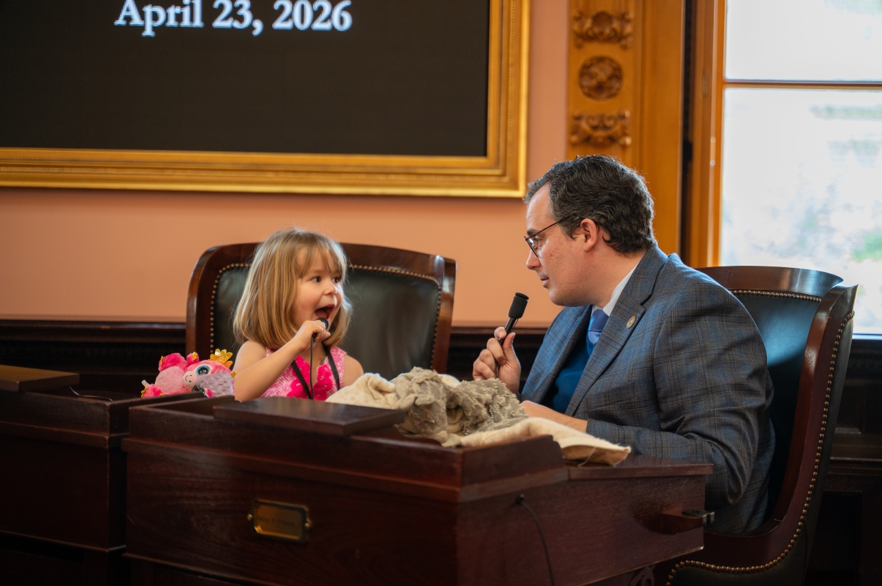 Rep Glassburn and his daughter on the House floor during Bring Your Child to Work Day
