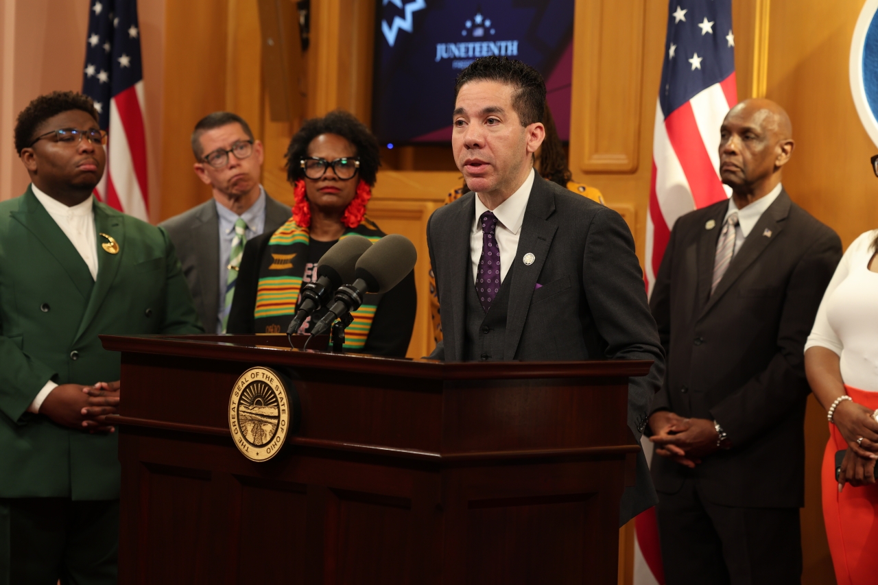 Rep. Hall speaks about the impact of infant mortality on black Ohioans at the Juneteenth Press Conference