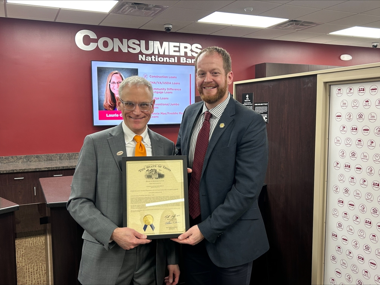 Representative Kishman issues a commendation to the Consumers National Bank for the grand opening of its newest branch in Massillon, OH