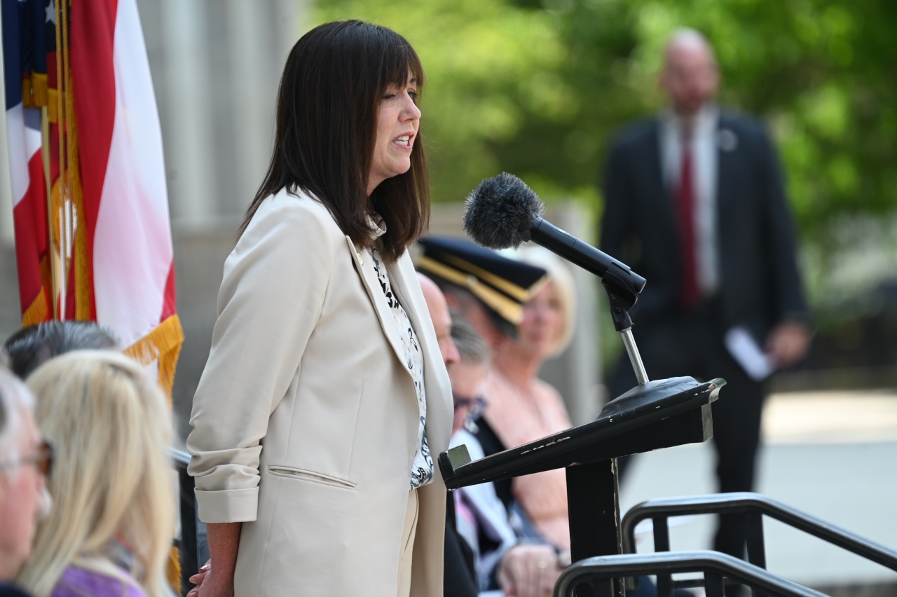 Representative Salvo addresses a gathering of faith leaders outside the Statehouse