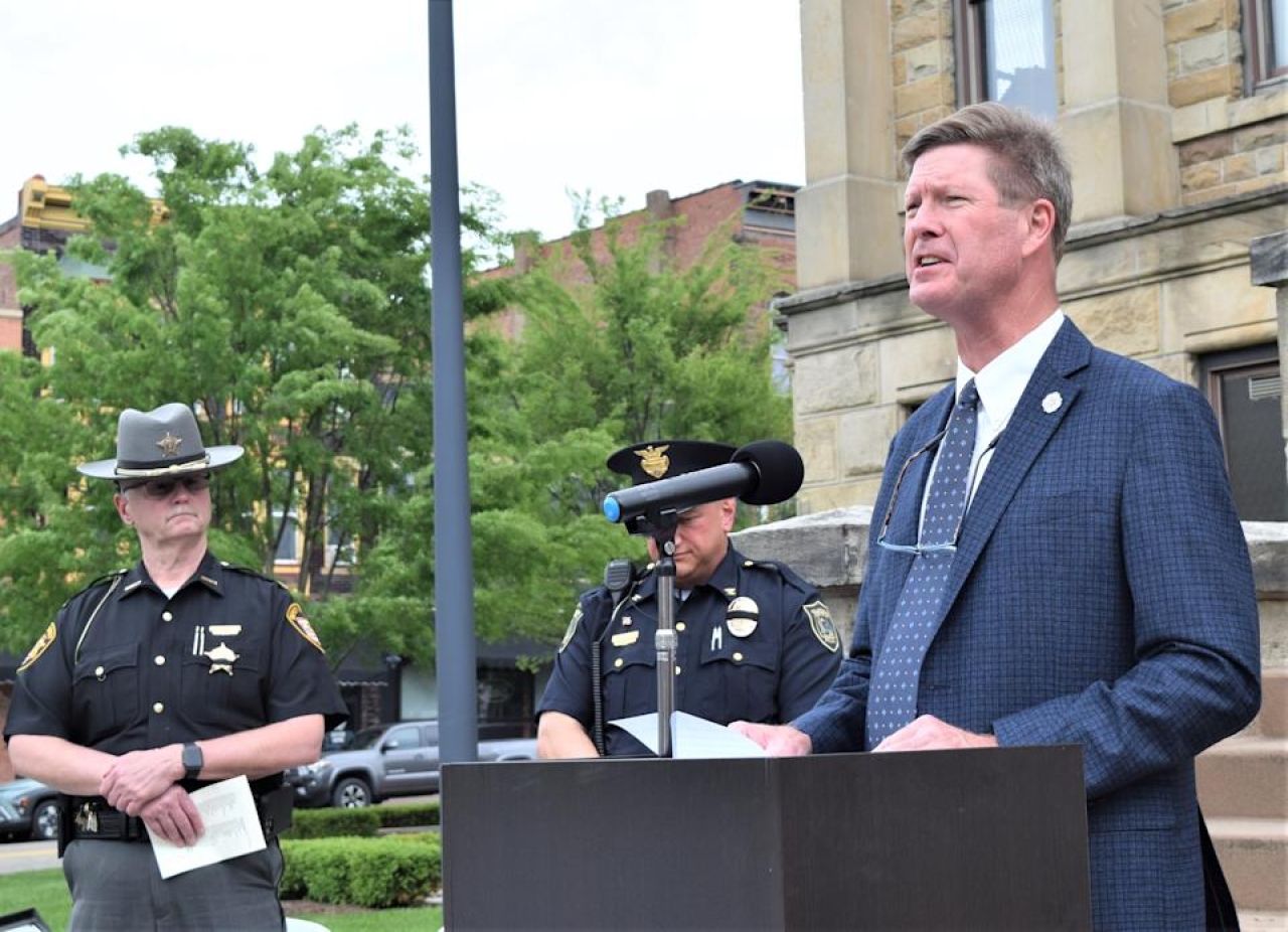 Rep. Hiner speaks at the 2025 Law Enforcement Memorial in Millersburg, honoring officers who gave their lives in the line of duty. (Photo Credit: The Daily Record)